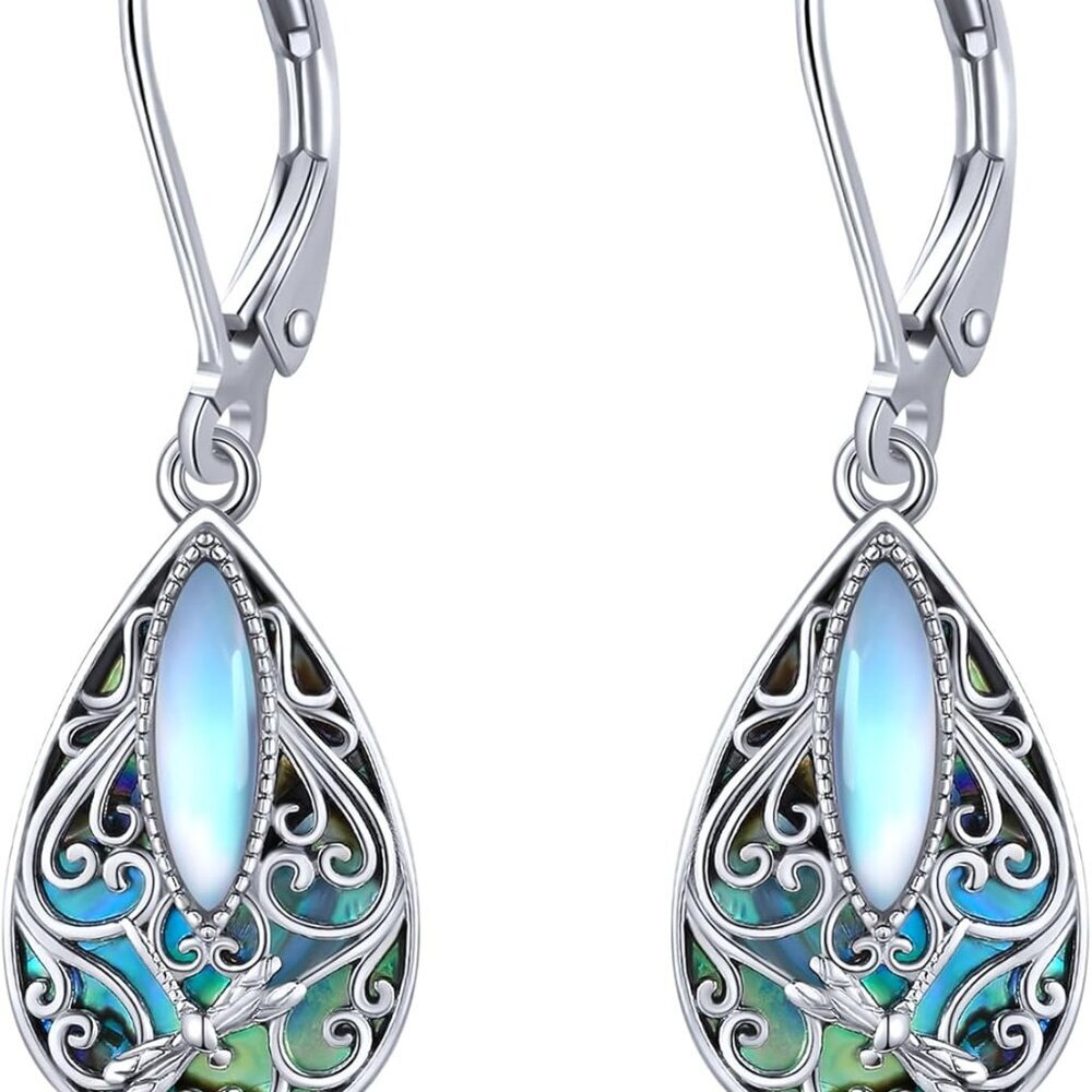 Dragonfly Filigree Earrings Sterling Silver Teardrop Abalone Shell Drop Dangle E